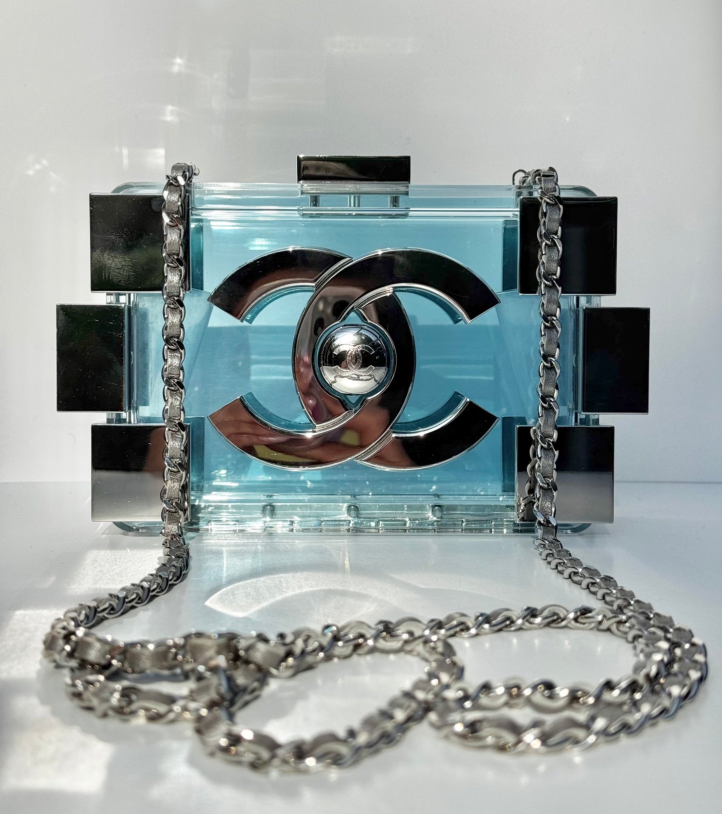 Chanel Plexiglass Blue & Silver Barcode Lego Minaudiere