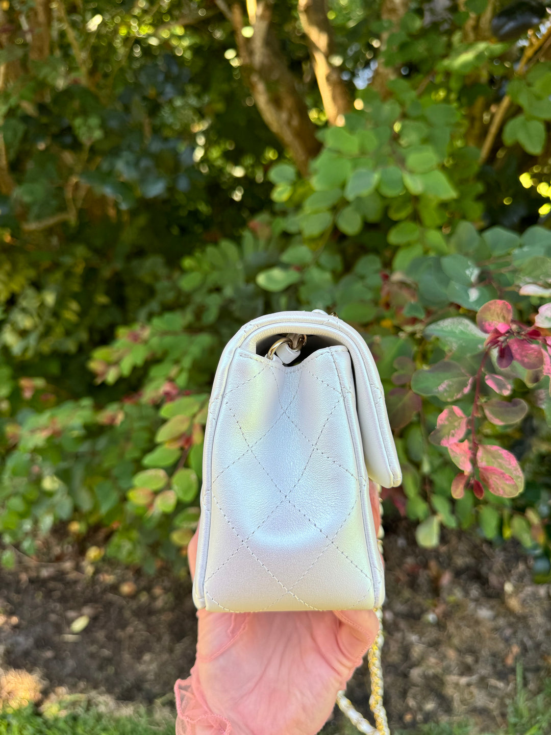 Chanel 21S White Iridescent Calfskin Mini Flap Bag