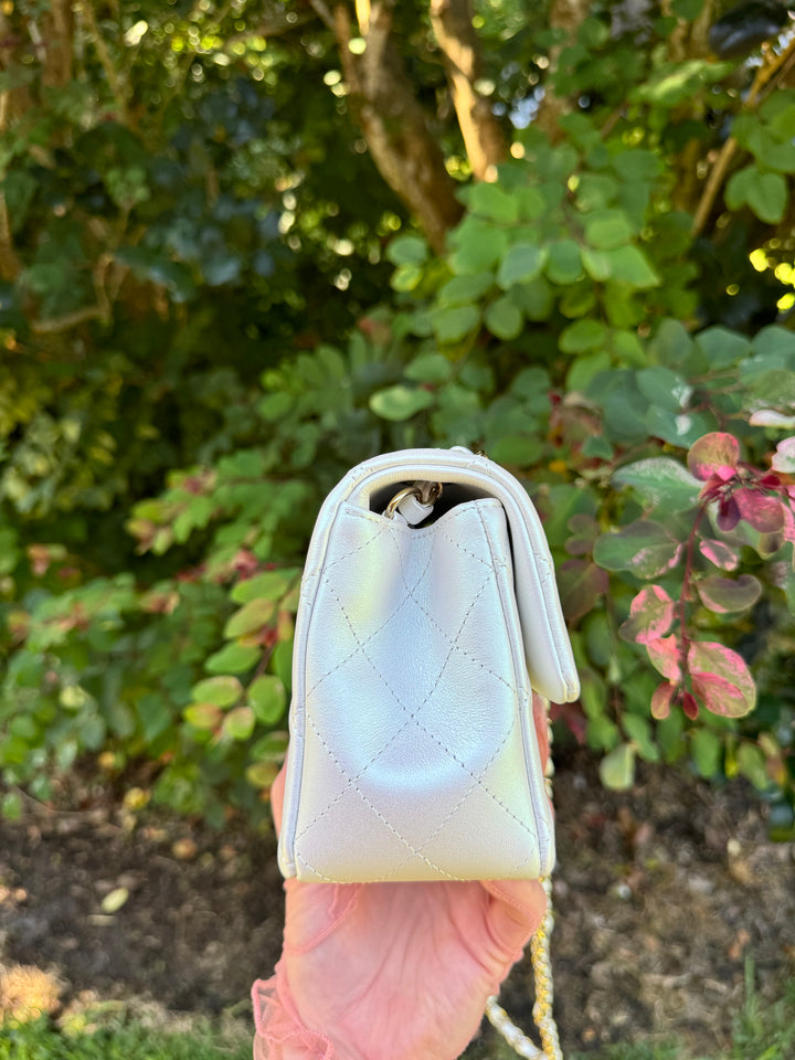 Chanel 21S White Iridescent Calfskin Mini Flap Bag