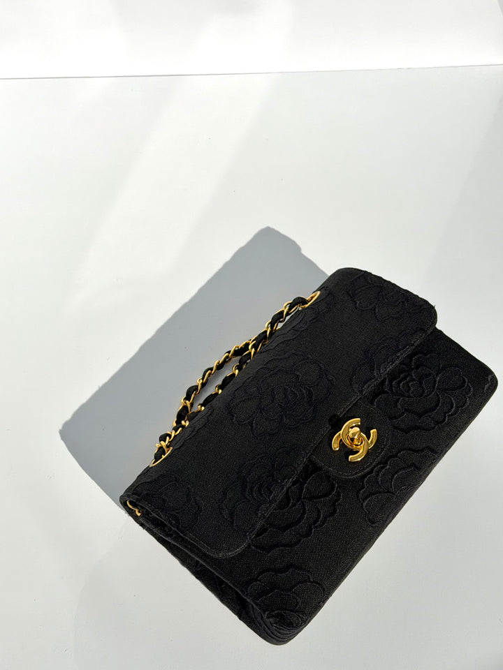 Chanel 1997 Small 24K Black Camellia Classic Flap Bag