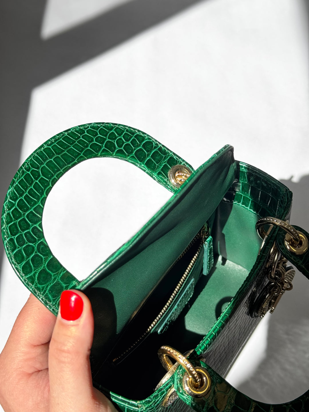 Lady Dior Emerald Crocodile Mini Top Handle