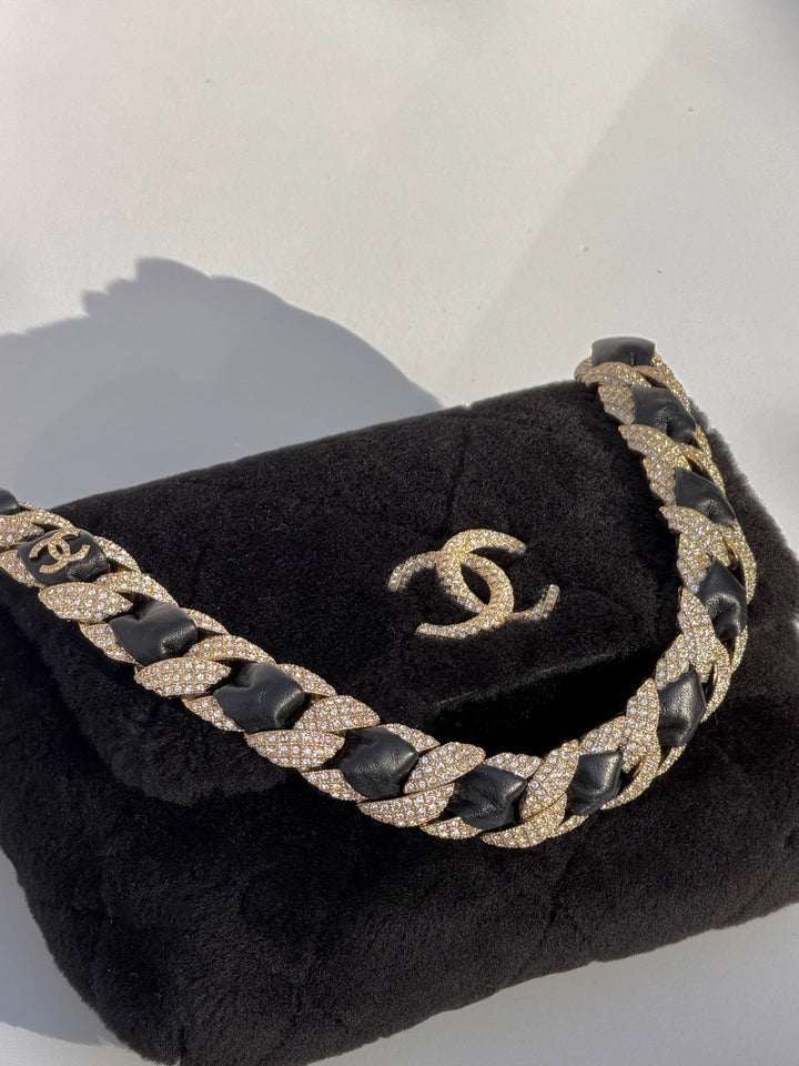 Chanel 2020 Shearling & Strass Black Flap Bag
