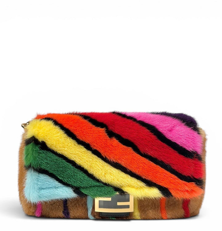 Fendi Baguette Visone Intarsio Arcobaleno Multicolor Mink Fur Gold Hardware 2022