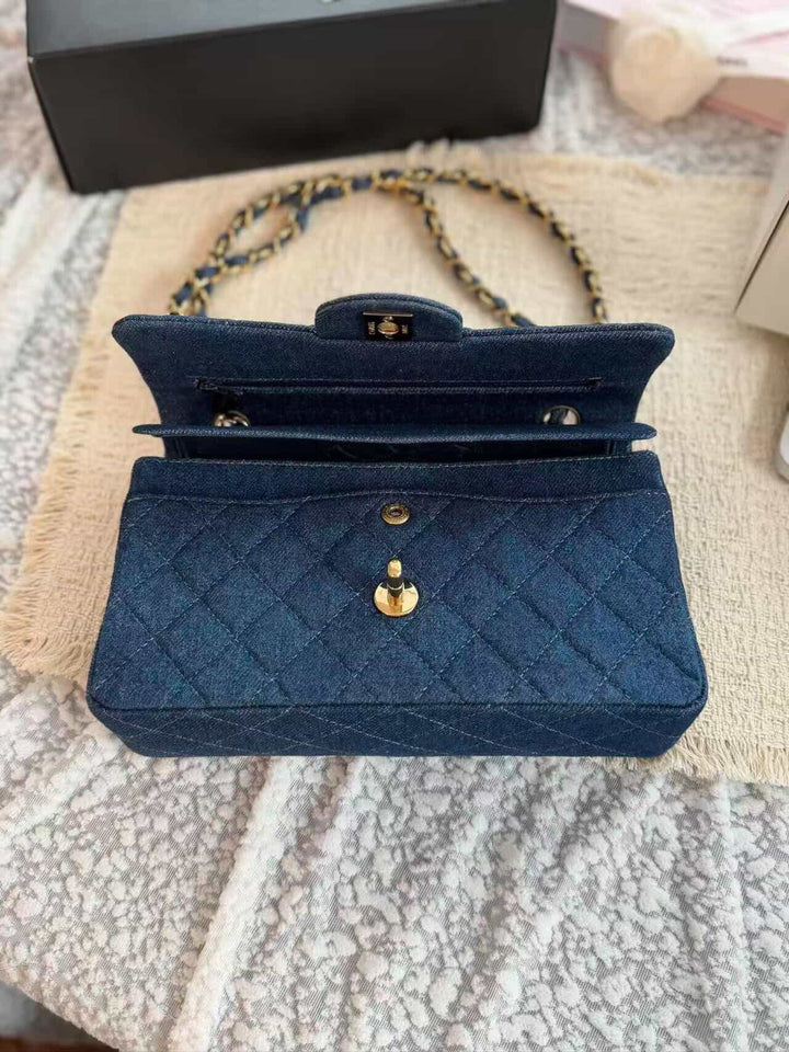 Chanel Small Classic Flap Bag Denim Blue 24K Plated Gold Hardware 1997