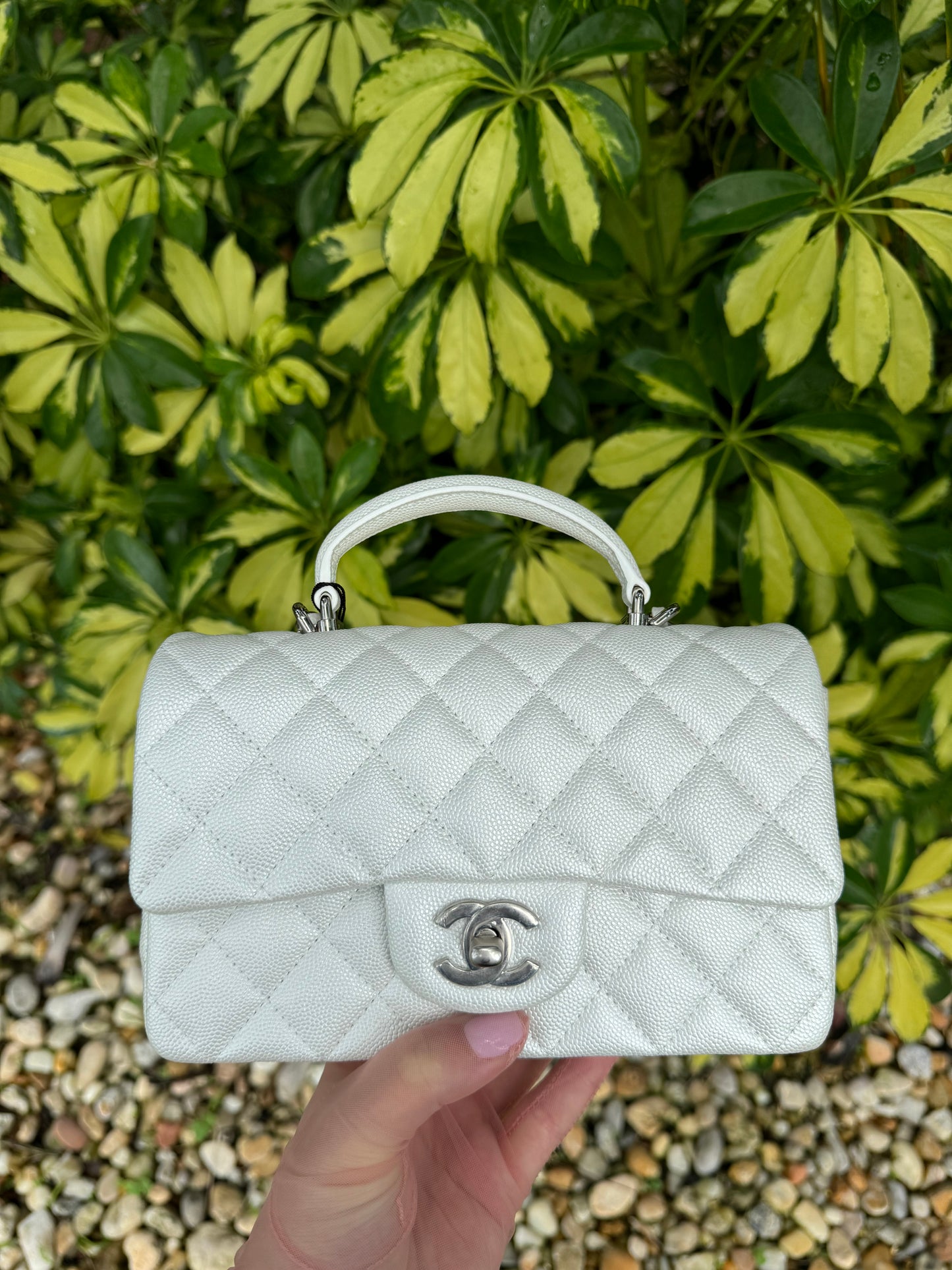 Chanel 21S Mini Iridescent White Caviar Top Handle