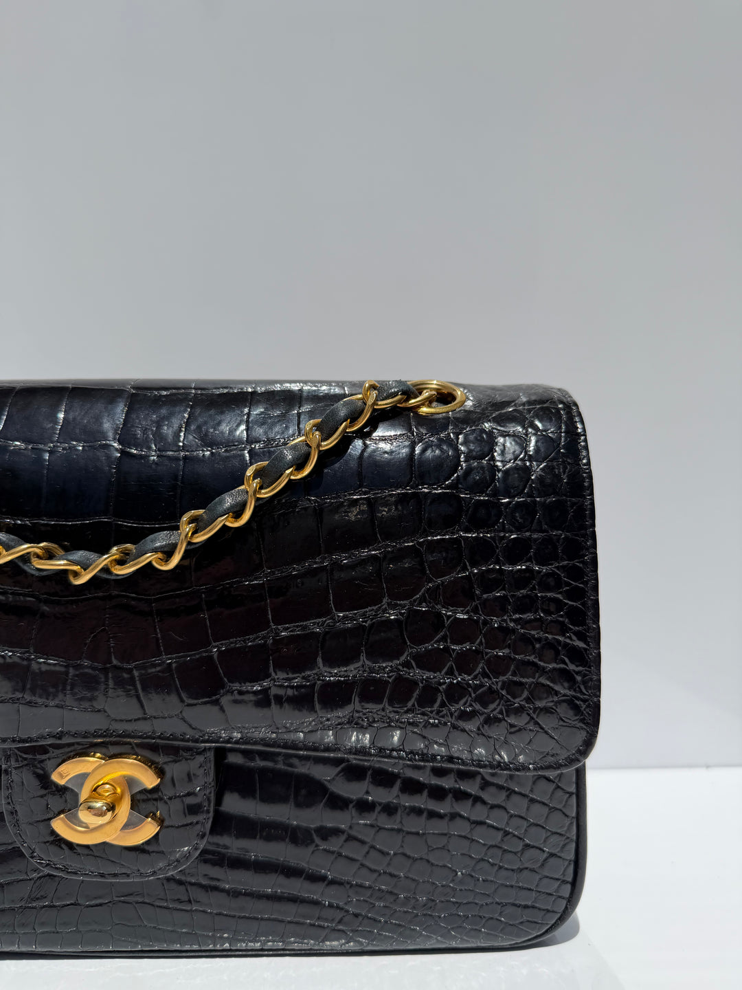 Chanel Medium Classic Flap Bag Alligator Black 24K Plated Gold Hardware 1997