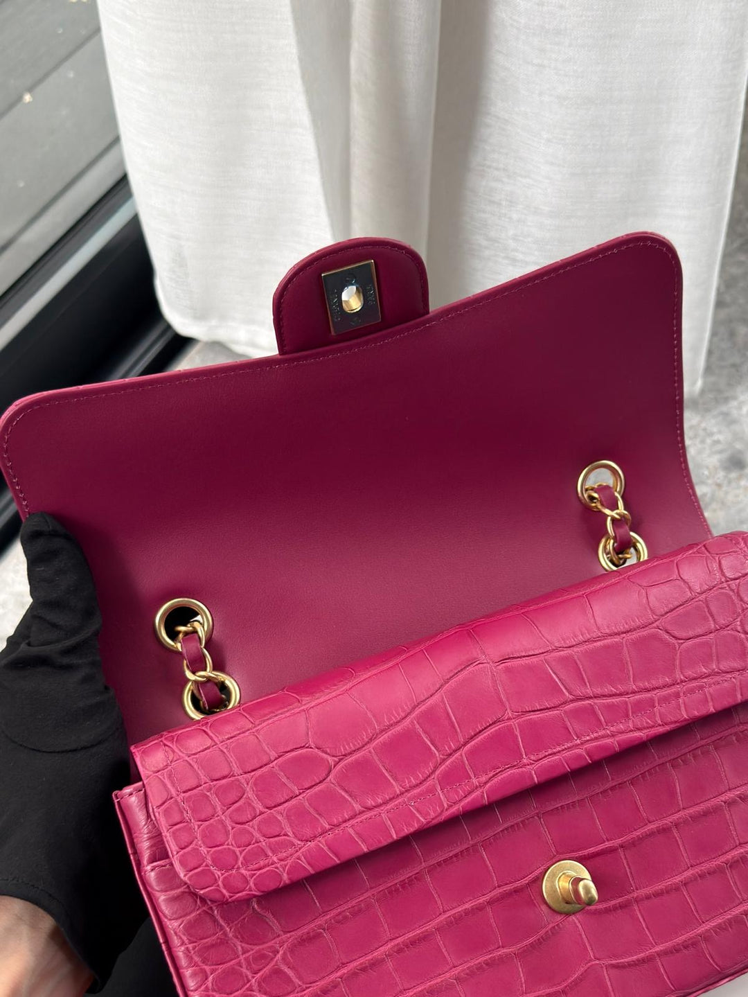 Chanel Medium Classic Flap Bag Matte Alligator Pink Brushed Gold Hardware 2018