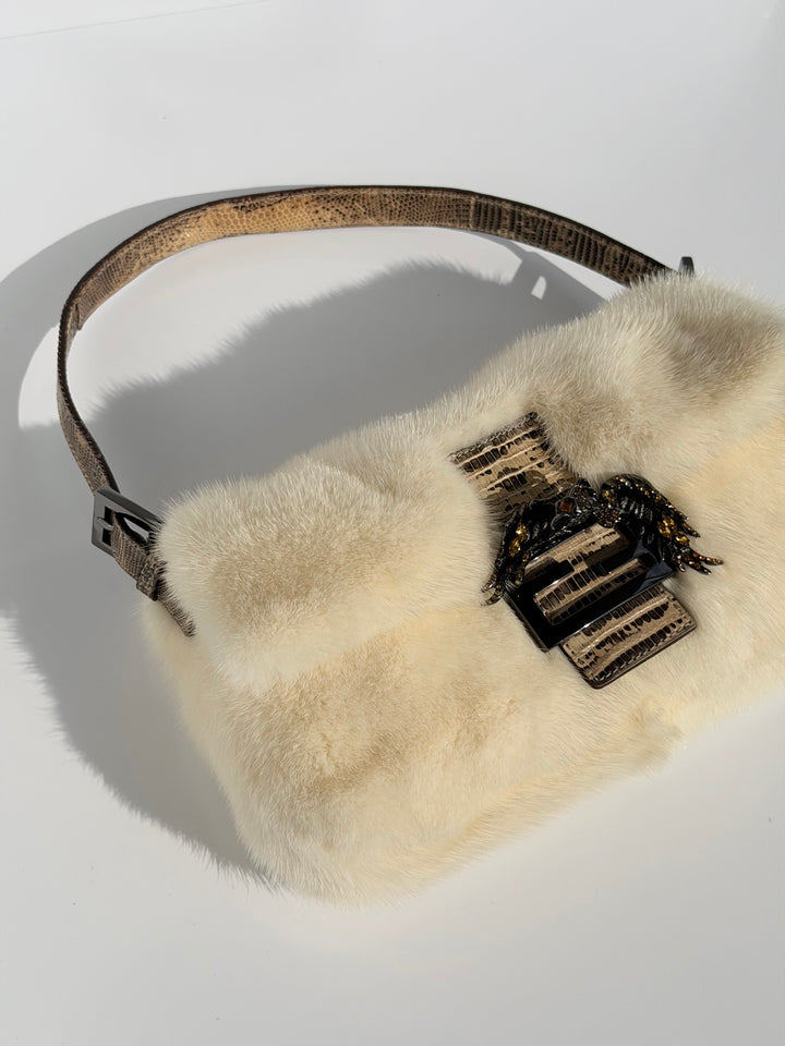 Fendi Crystal Embellished Baguette White Mink Fur Lizard Trim Gold Tone Hardware