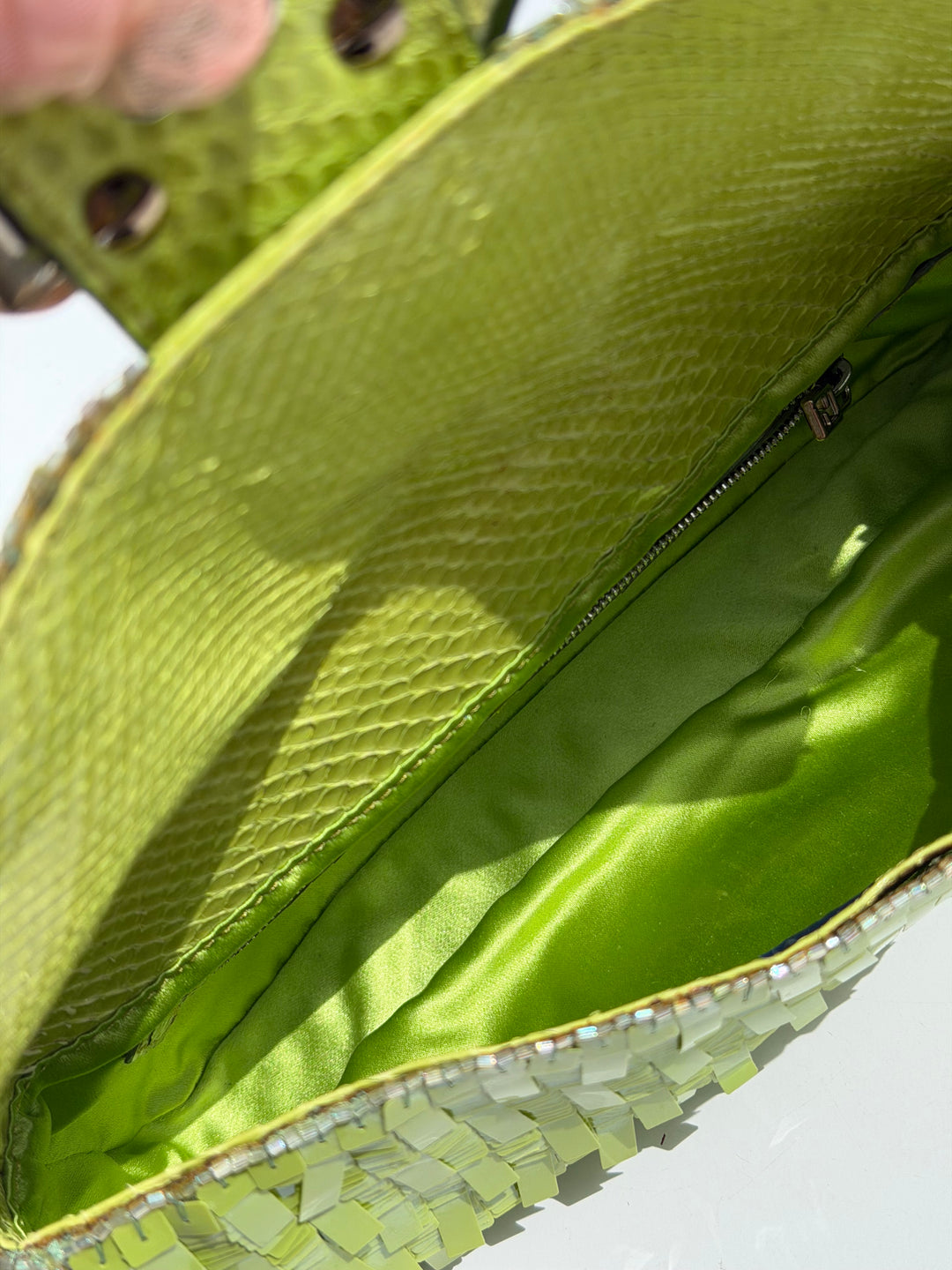 Fendi Lime Green Sequin Baguette Python Trim Silver Hardware 2000