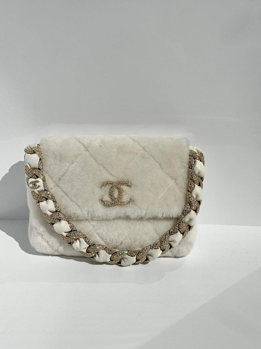 Chanel Shearling & Strass Flap Bag White Shearling with Gold Hardware 2020