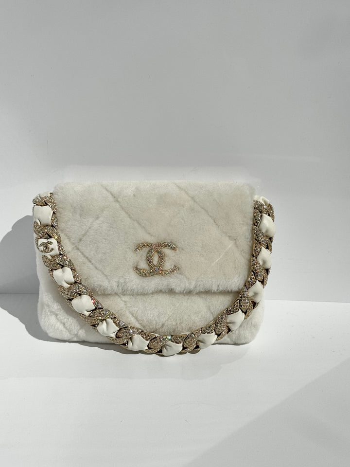 Chanel Shearling & Strass Flap Bag White Shearling with Gold Hardware 2020
