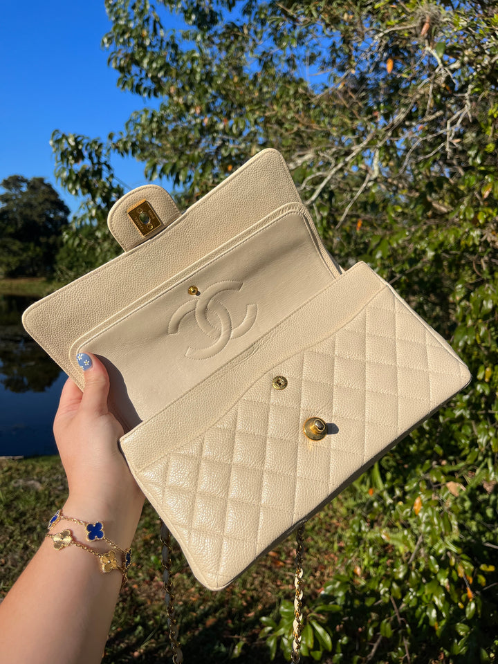 Chanel 1997 Beige Claire Medium Caviar Classic Flap