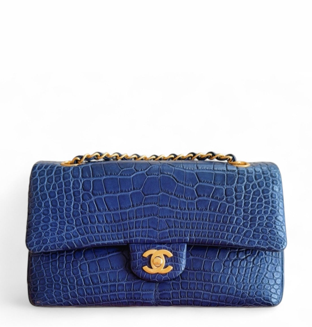 Chanel Navy Blue Matte Alligator Medium Classic Flap Bag