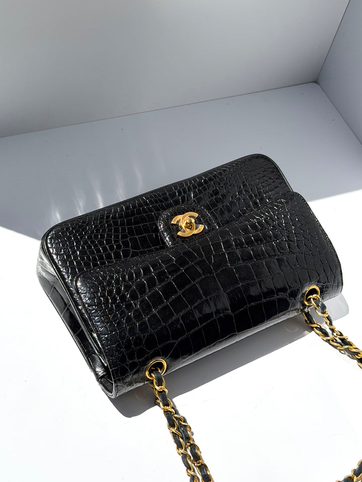 Chanel Medium Classic Flap Bag Alligator Black 24K Plated Gold Hardware 1997