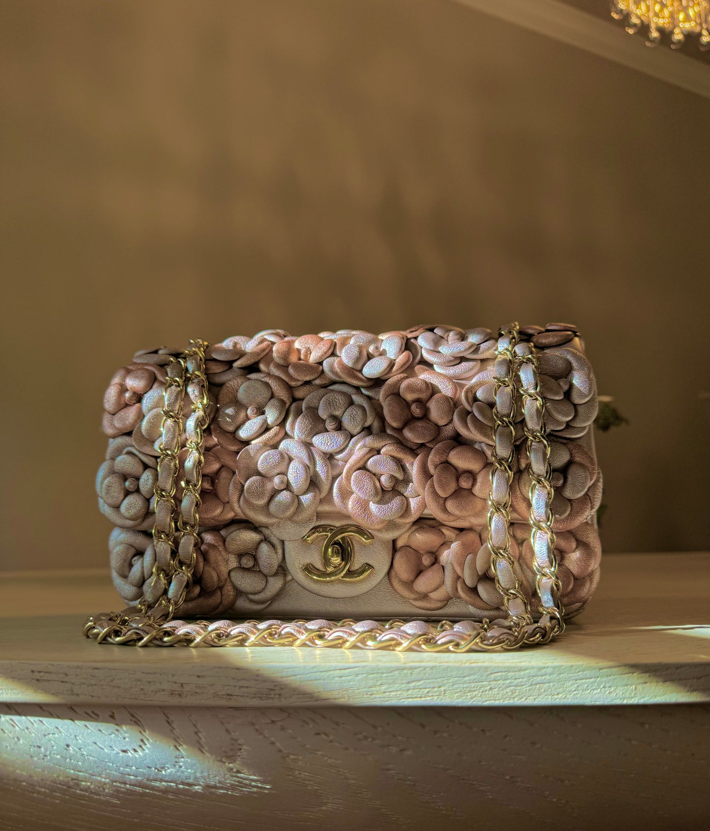 Chanel Metallic Pink and Rose Gold Lambskin Camellia Rose Appliqué Medium Flap Bag