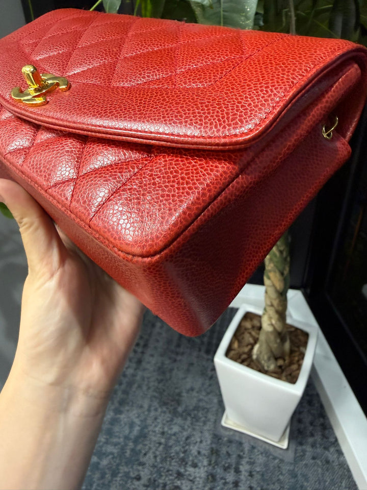Chanel Small Diana Flap Bag Caviar Red 24K Plated Gold Hardware 1994