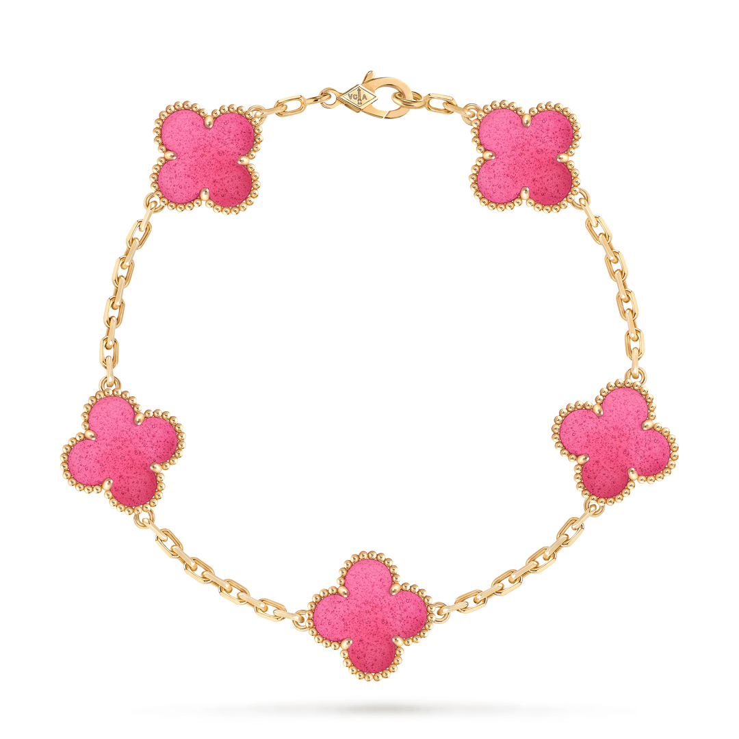 Van Cleef & Arpels Vintage Alhambra 5 Motif Bracelet Pink Enamel 18K Yellow Gold