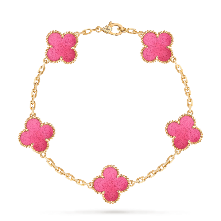 Van Cleef & Arpels Vintage Alhambra 5 Motif Bracelet Pink Enamel 18K Yellow Gold