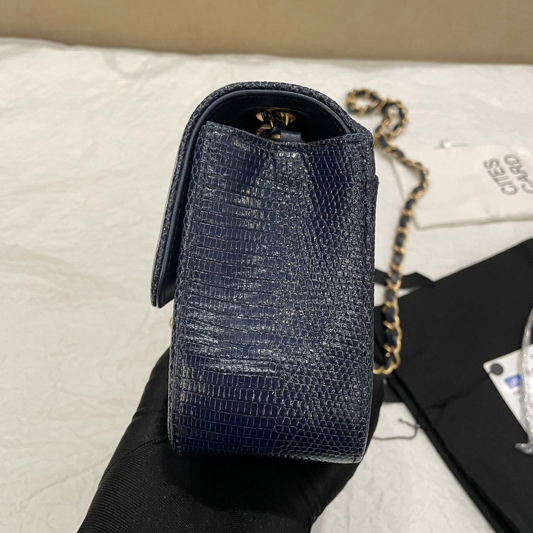 Chanel Navy Blue Lizard Mini Flap Brushed Gold Hardware 2018