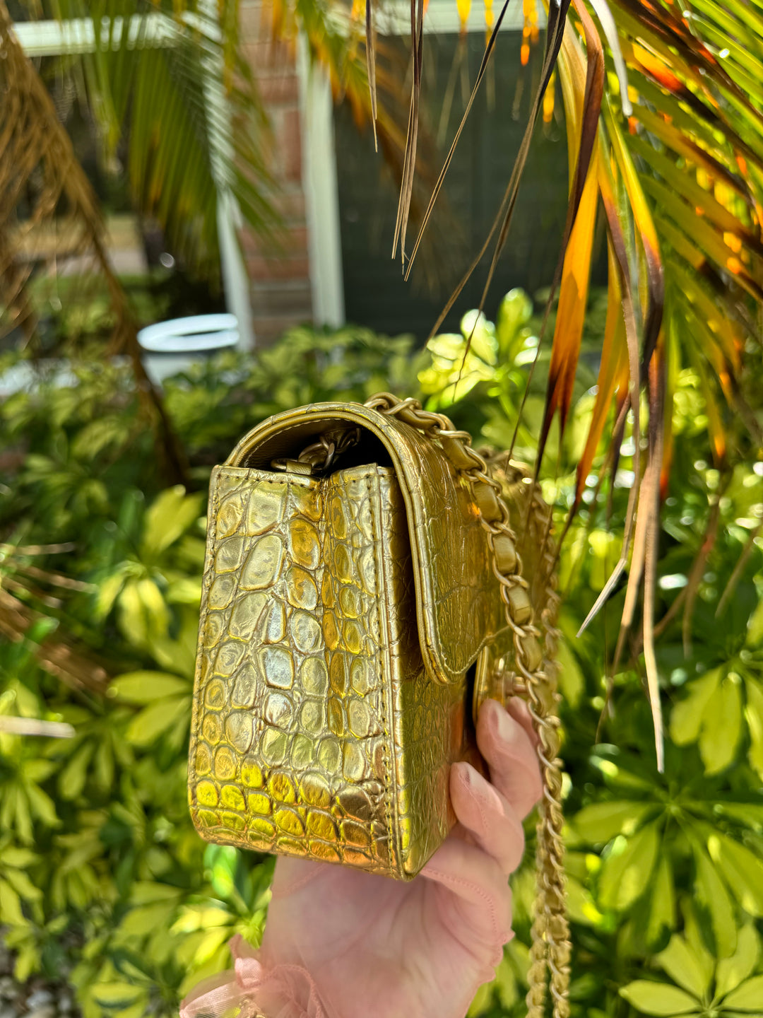 Chanel Gold Croc Embossed Mini Rectangular Flap Bag