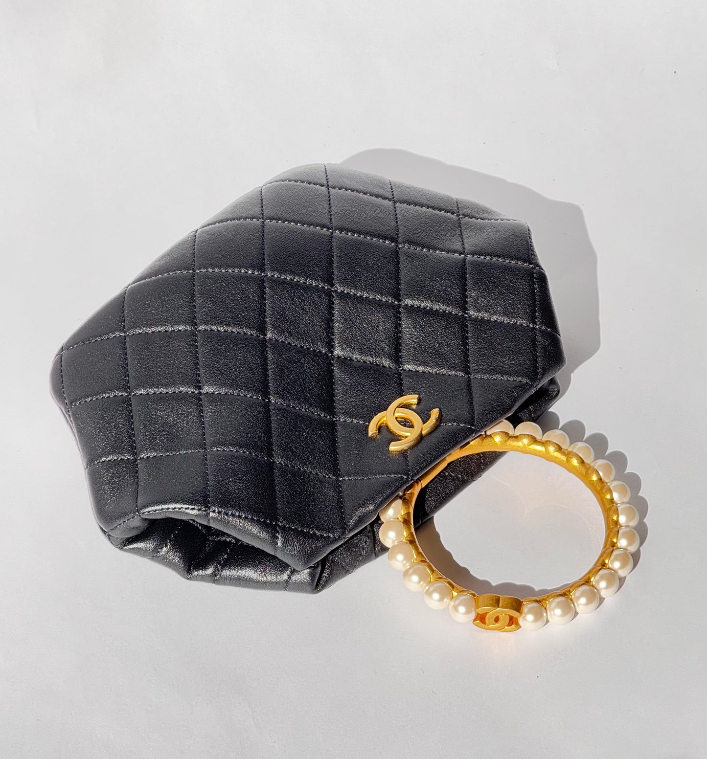 Chanel Black Lambskin Quilted Pearl Clutch