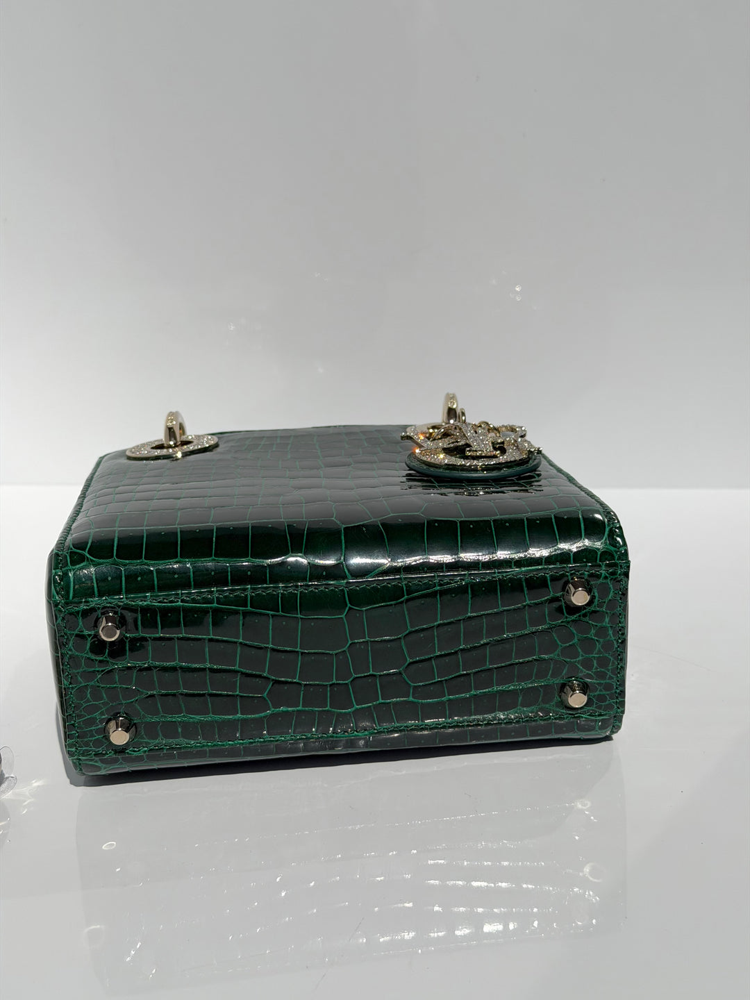 Dior Emerald Crocodile Mini Lady Dior Top Handle Diamond Gold Hardware 2022