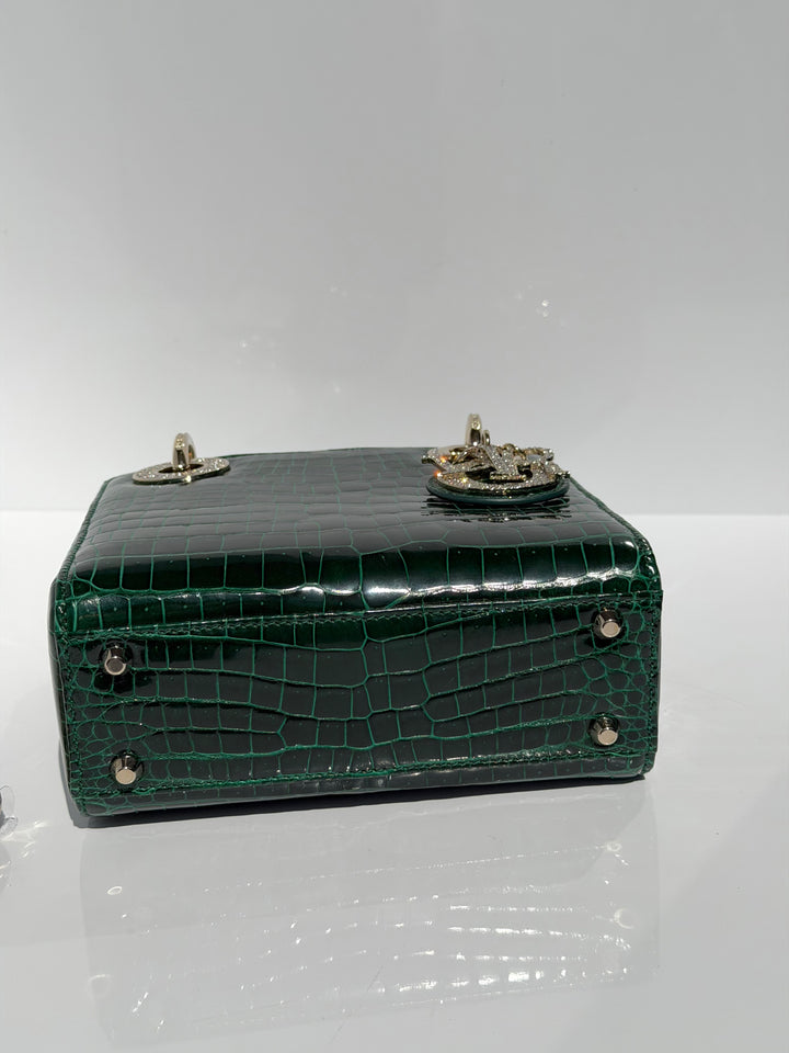 Dior Emerald Crocodile Mini Lady Dior Top Handle Diamond Gold Hardware 2022