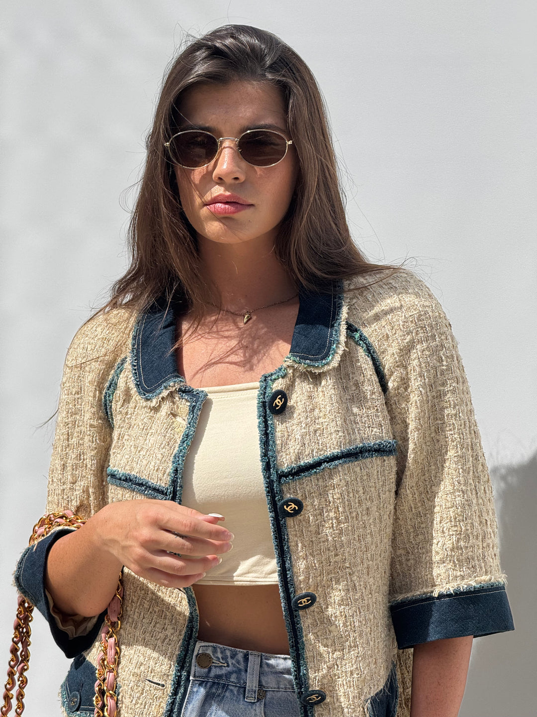 Chanel 2007 Spring Ecru & Denim Trim CC Jacket