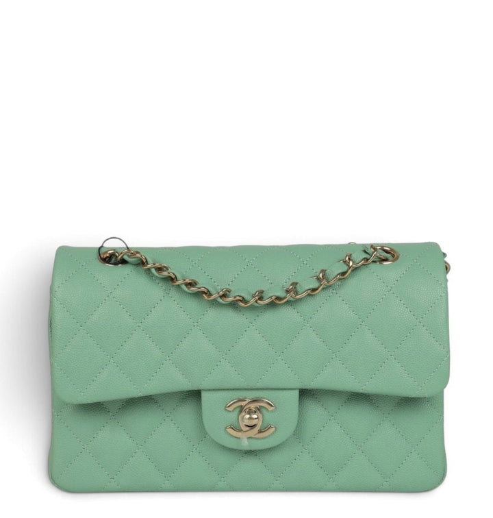 Chanel Small Classic Double Flap Caviar Green Light Gold Hardware 2023