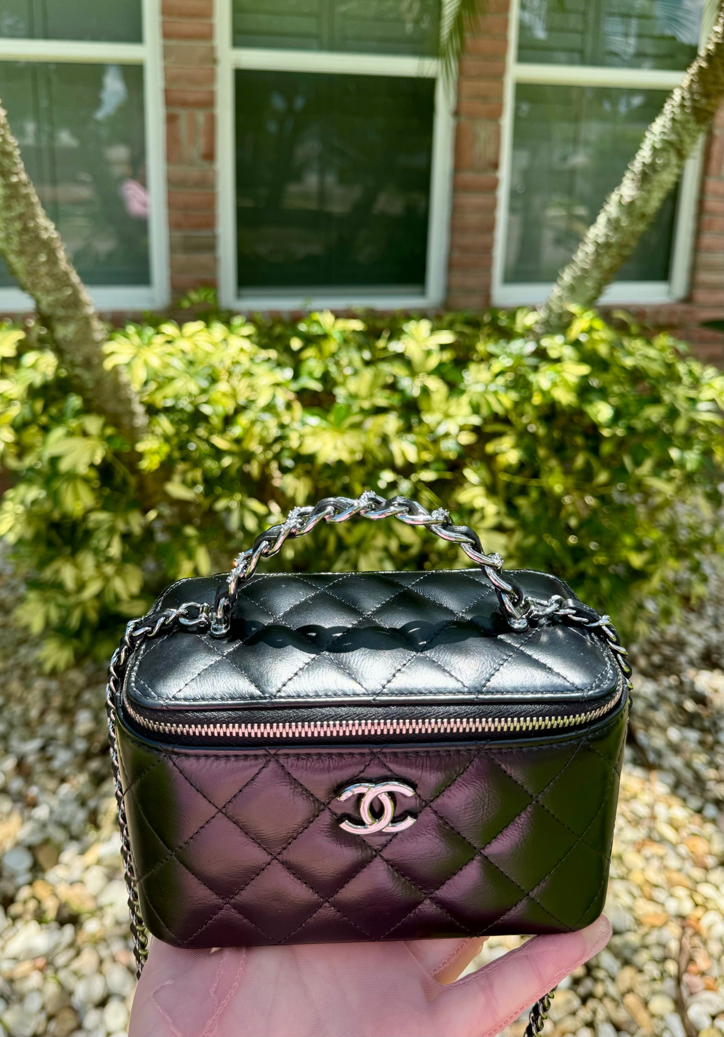 Chanel Shiny Calfskin Quilted Small Crystal Top Handle Vanity W Chain