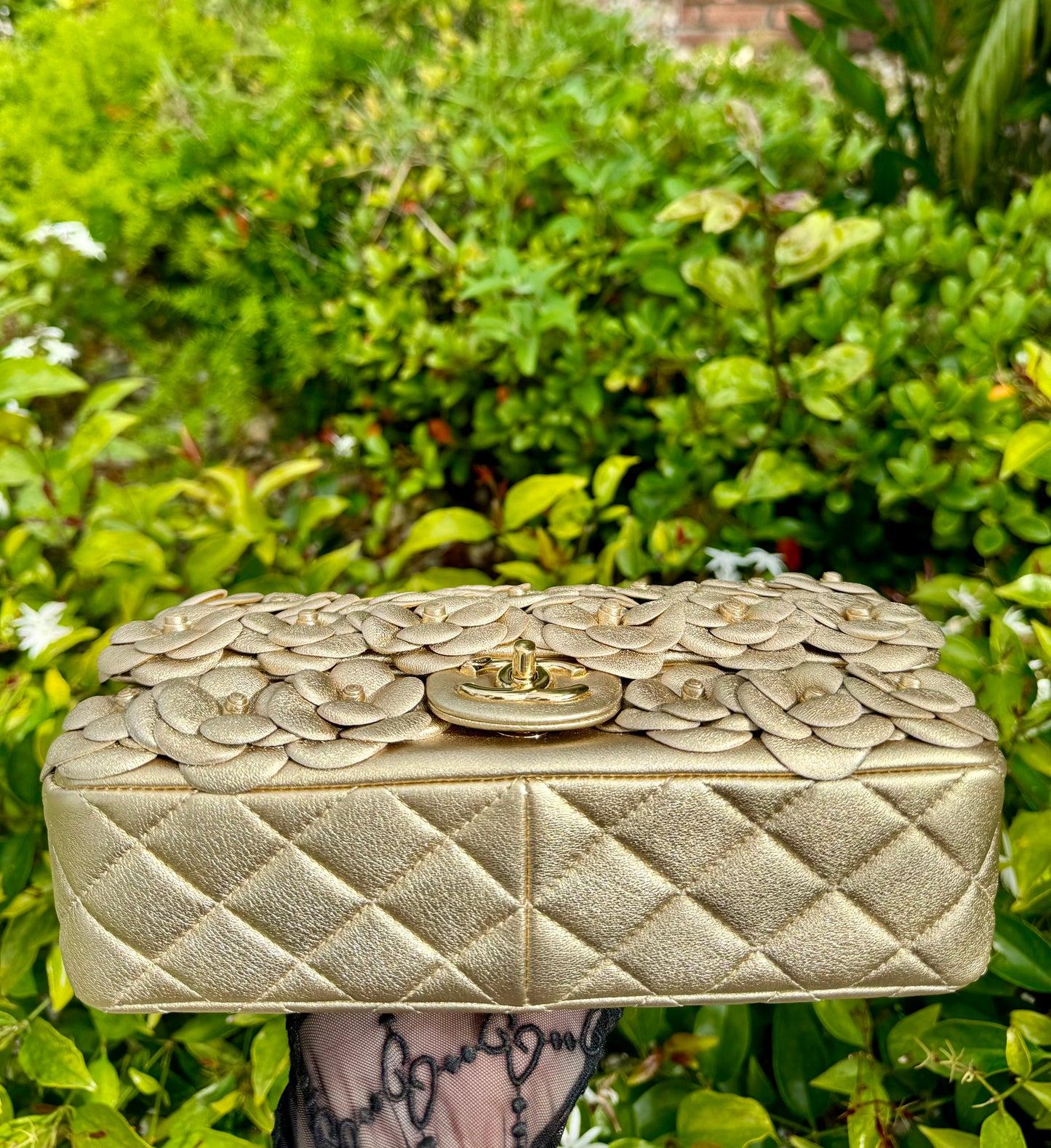 Chanel Metallic Gold Lambskin Camellia Rose Appliqué Medium Flap Bag