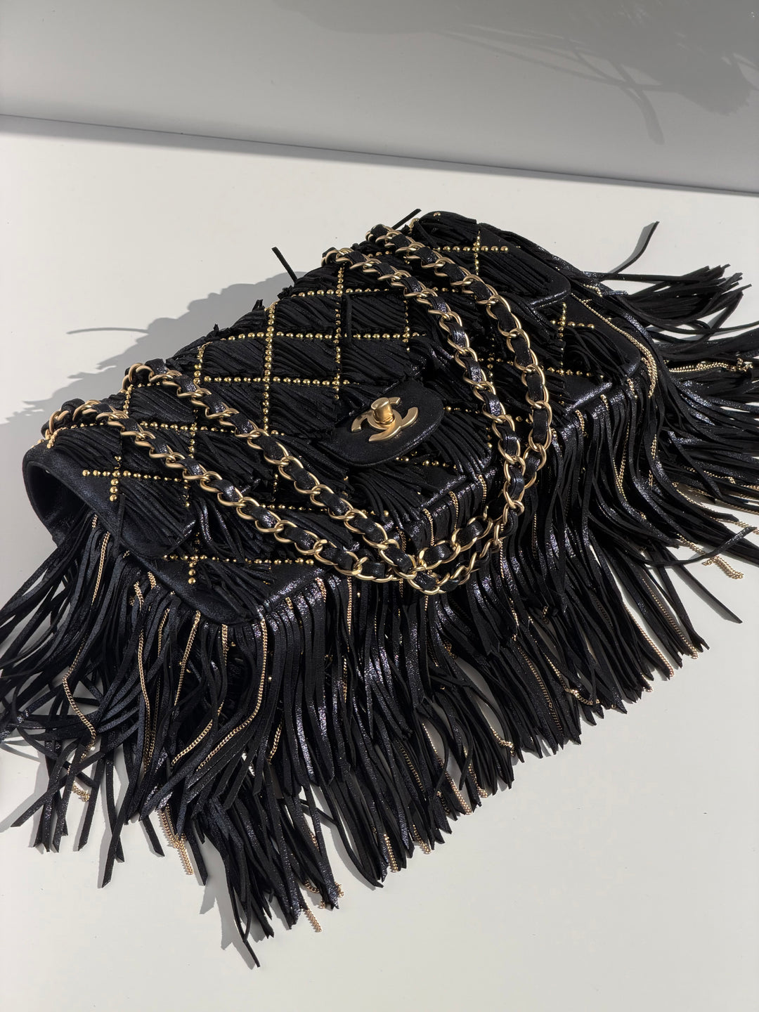Chanel Paris-Dallas Medium Fringe Flap Bag Black Iridescent Leather Brushed Gold Tone Hardware 2014