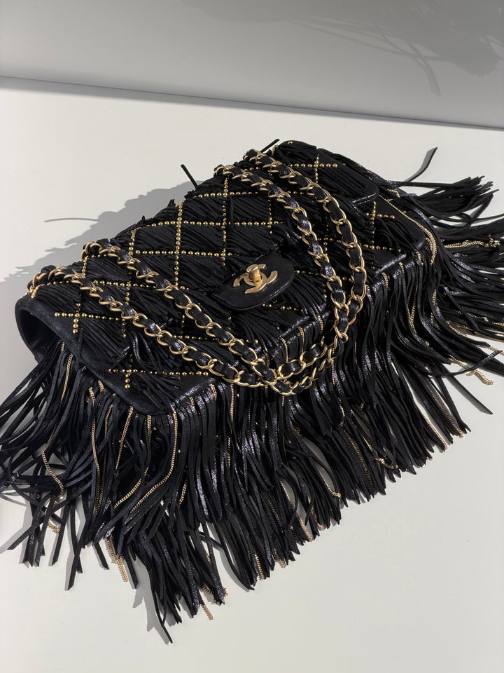 Chanel Paris-Dallas Medium Fringe Flap Bag Black Iridescent Leather Brushed Gold Tone Hardware 2014