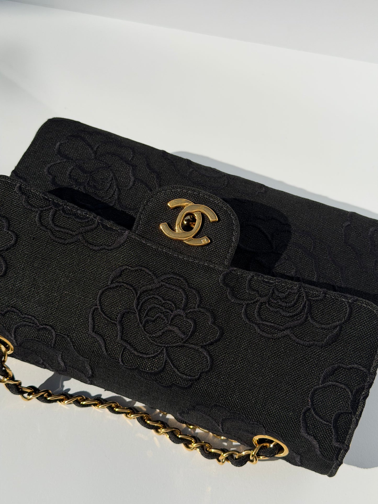 Chanel 1997 Small 24K Black Camellia Classic Flap Bag