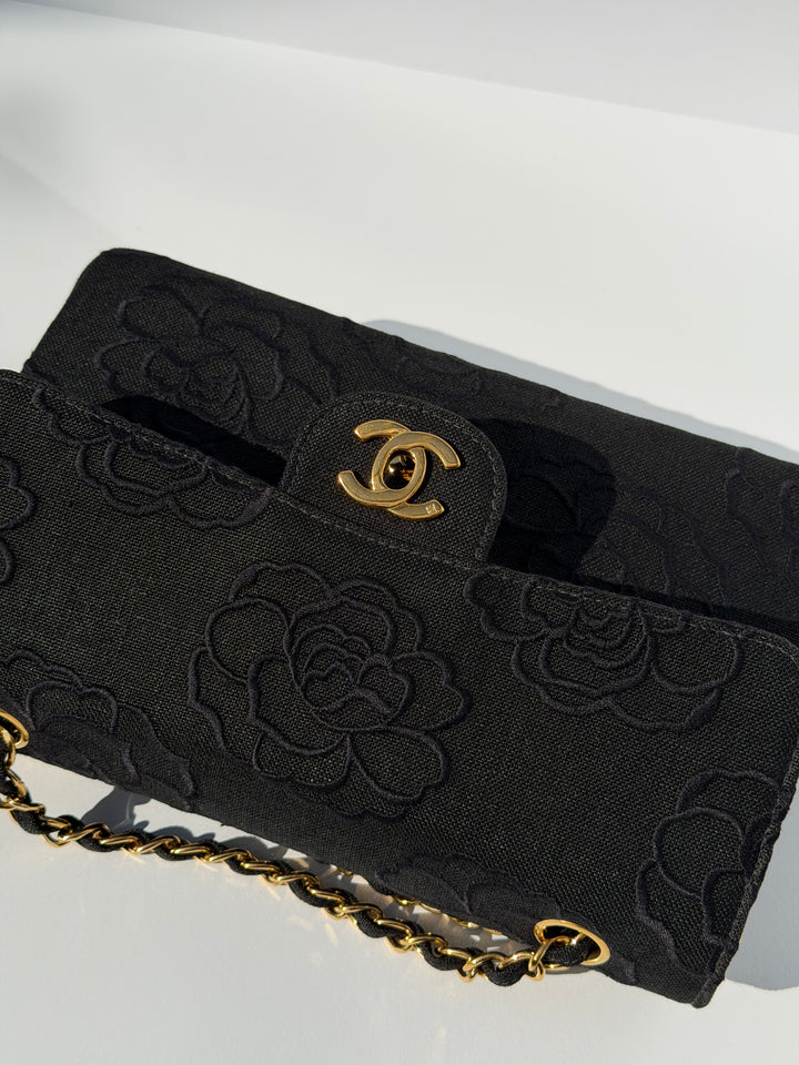 Chanel 1997 Small 24K Black Camellia Classic Flap Bag
