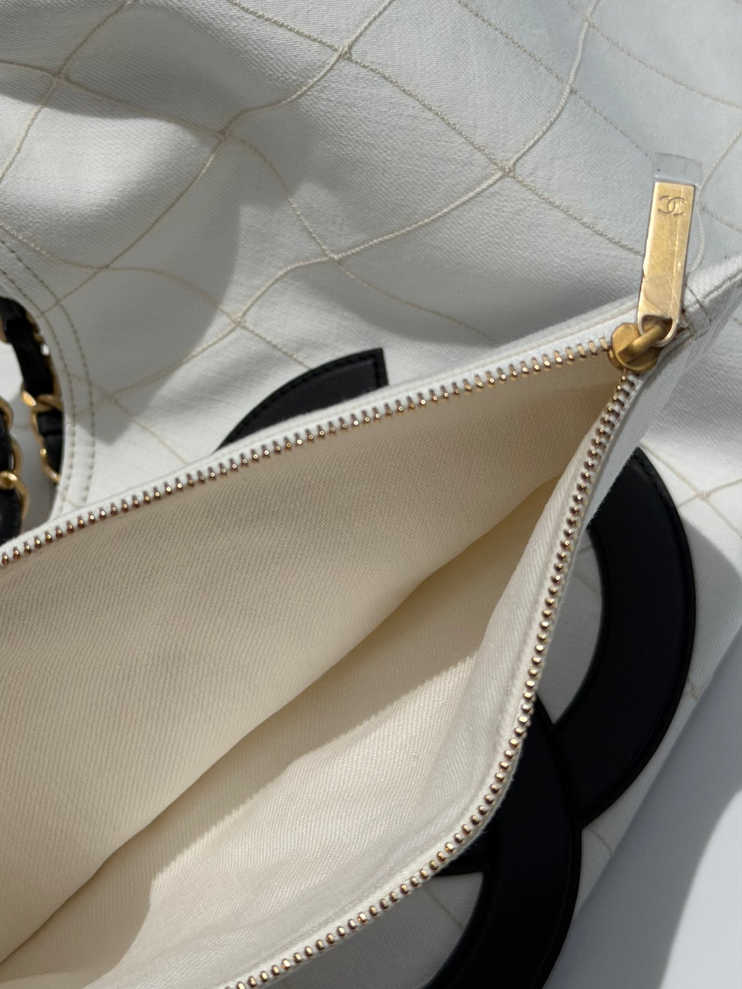 Chanel Coco Beach Maxi Shopping Bag White Denim Black Calfskin Gold Hardware 2026