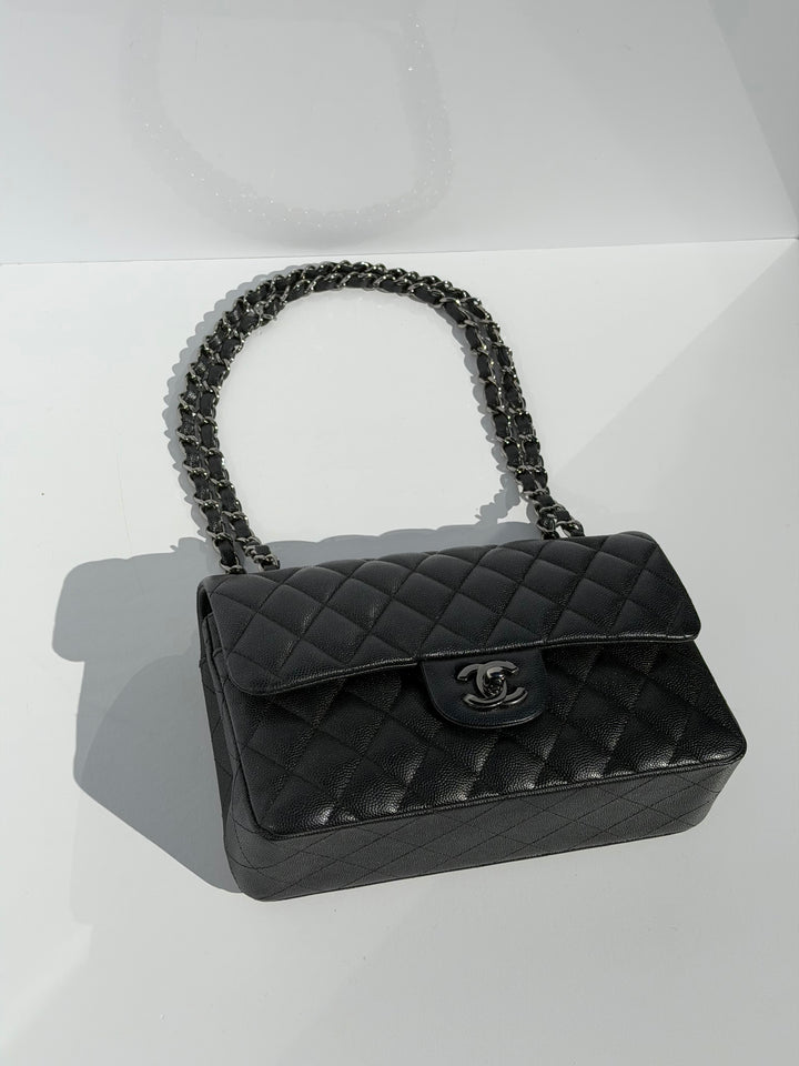 Chanel 18C Black Iridescent Small Caviar Double Flap Bag