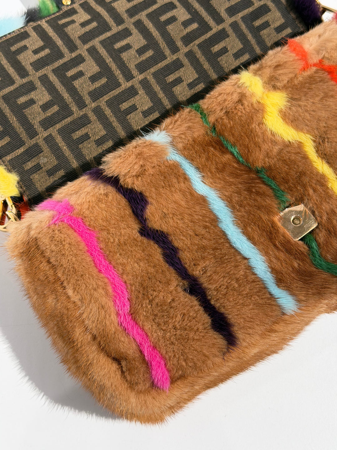 Fendi Baguette Visone Intarsio Arcobaleno Multicolor Mink Fur Gold Hardware 2022