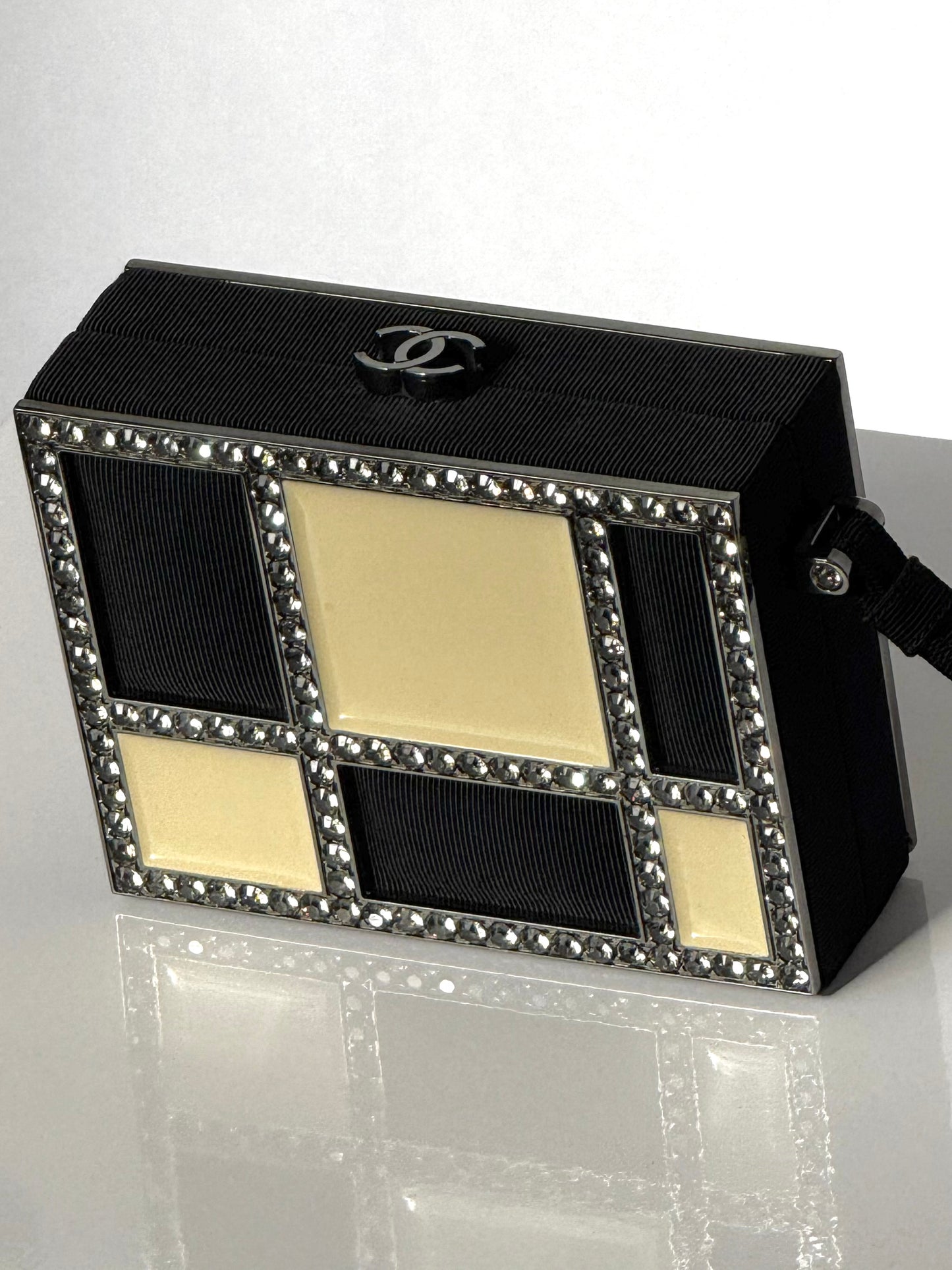 Chanel Minaudière Clutch in Plexi, Black cotton Piqué and Rhinestones