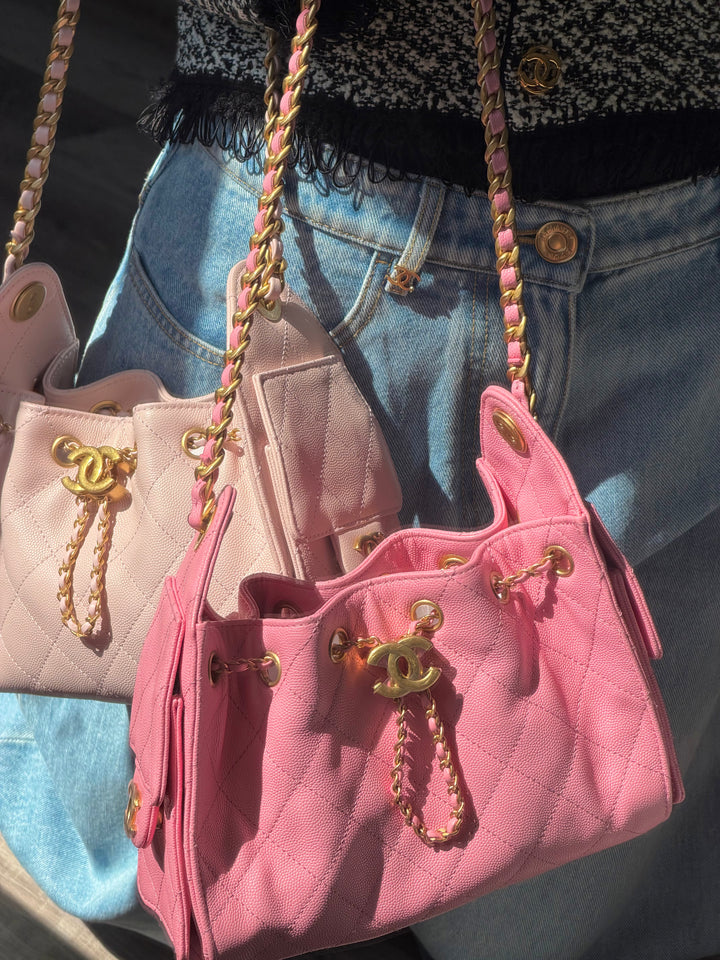 Chanel Mini 25 Hobo Bag Caviar Leather Bubblegum Pink Antique Gold Hardware 2026