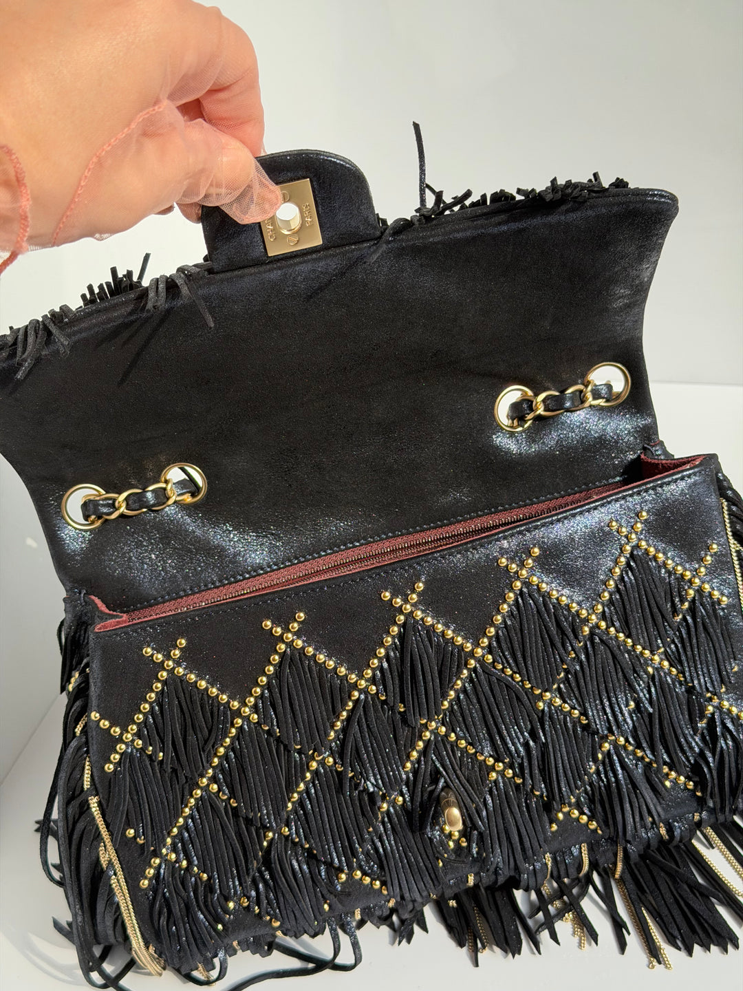 Chanel Paris-Dallas Medium Fringe Flap Bag Black Iridescent Leather Brushed Gold Tone Hardware 2014