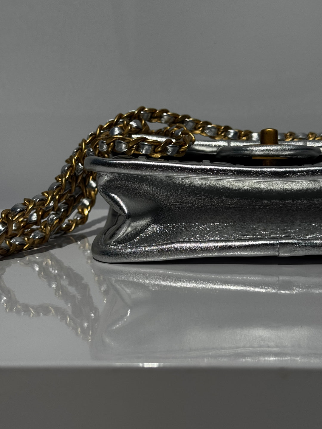 Chanel Silver Metallic Mini Braided Calfskin Flap Bag