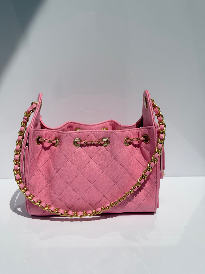 Chanel Mini 25 Hobo Bag Caviar Leather Bubblegum Pink Antique Gold Hardware 2026