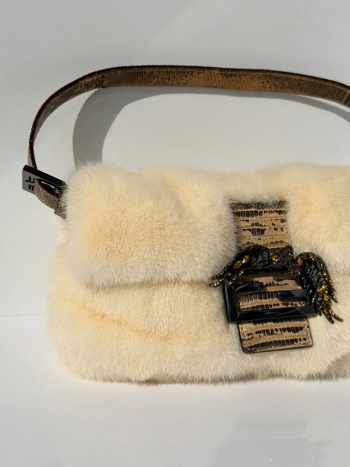 Fendi Crystal Embellished Baguette White Mink Fur Lizard Trim Gold Tone Hardware