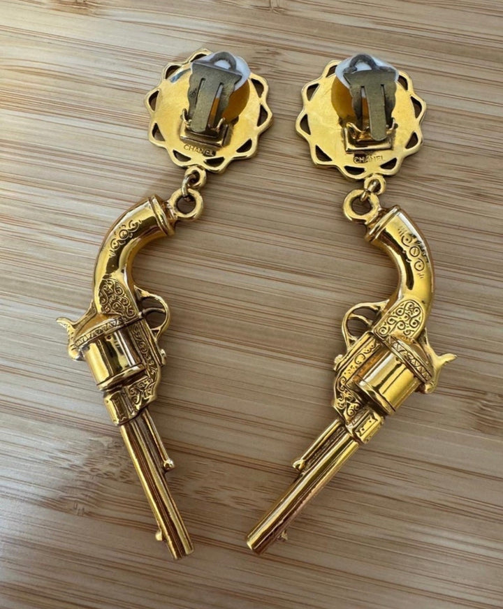 Chanel Pistol Clip-On Earrings Gold Tone 1980s