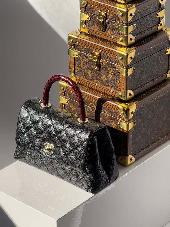 Chanel Small Black Caviar Coco + Burgundy Lizard Top Handle
