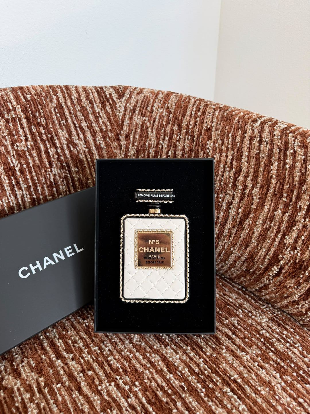 Chanel Perfume Bottle Minaudière White Quilted Leather Light Gold Hardware 2022