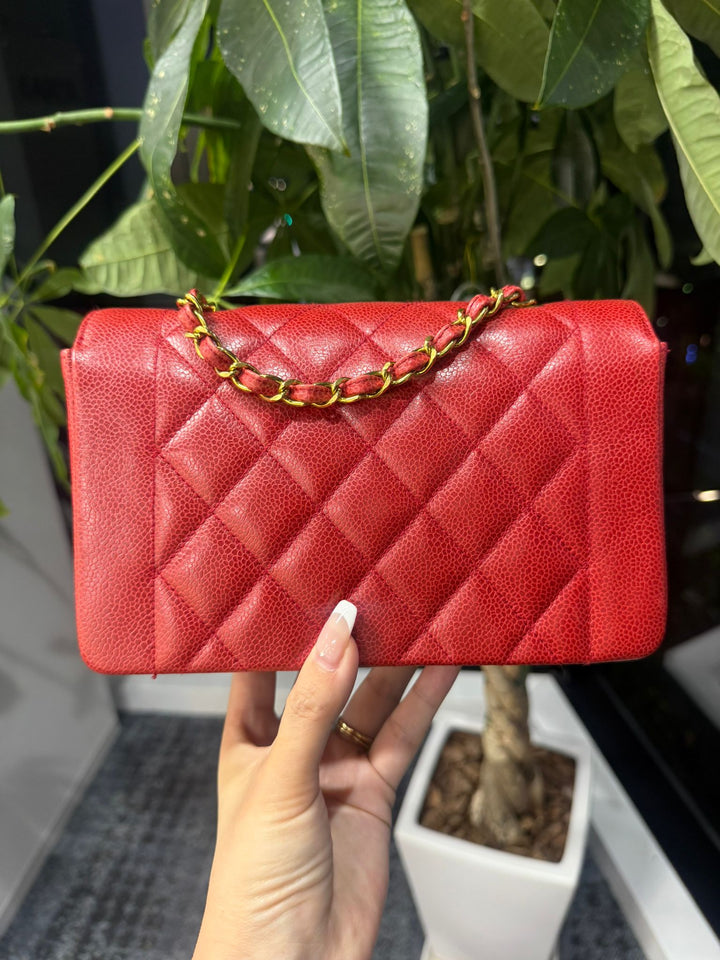 Chanel Small Diana Flap Bag Caviar Red 24K Plated Gold Hardware 1994