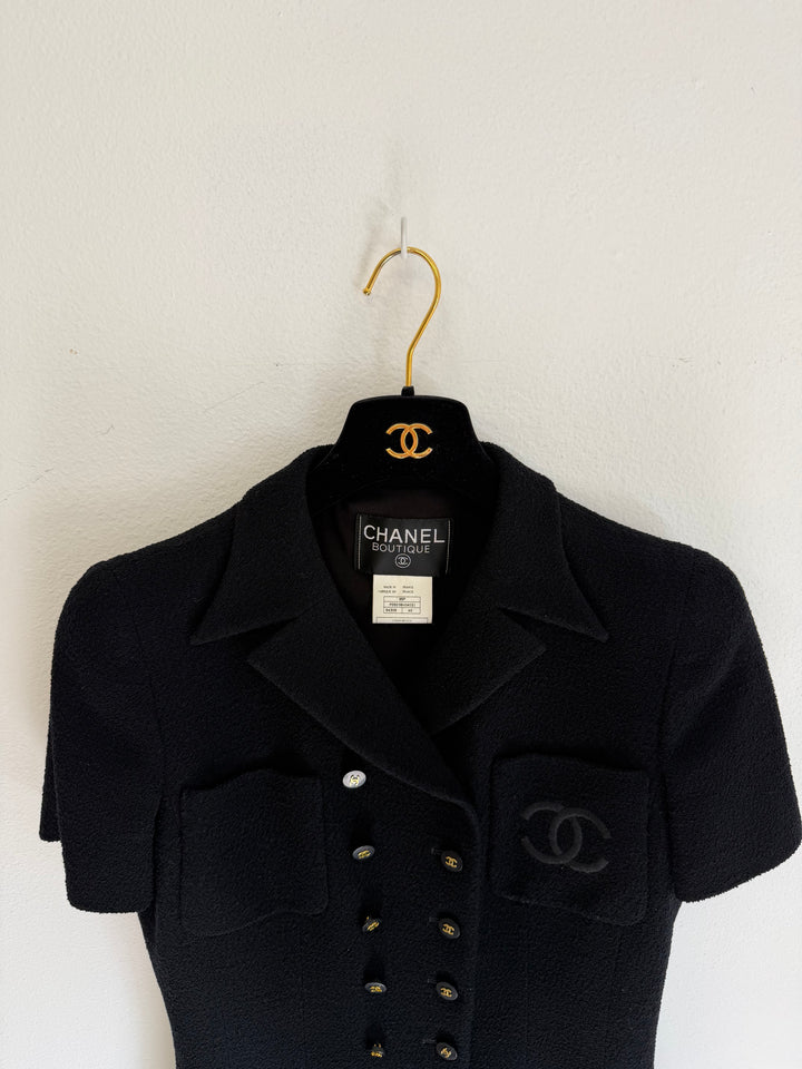 Chanel 1995 Black Tweed CC Logo Peplum Jacket