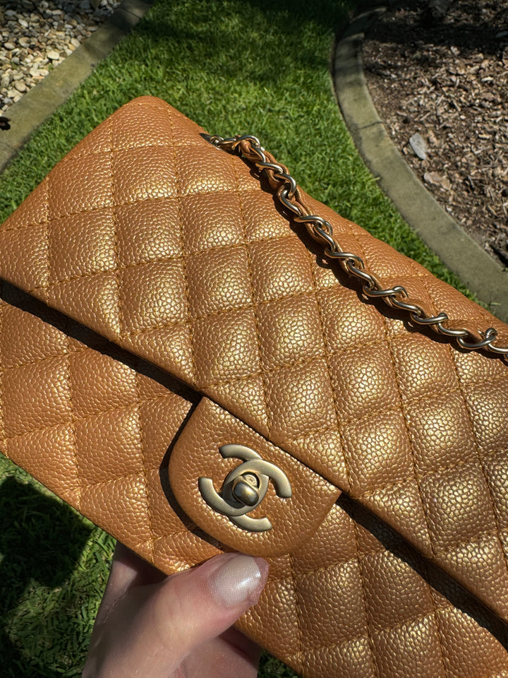 Chanel Copper Gold Metallic Medium Caviar Double Flap Bag